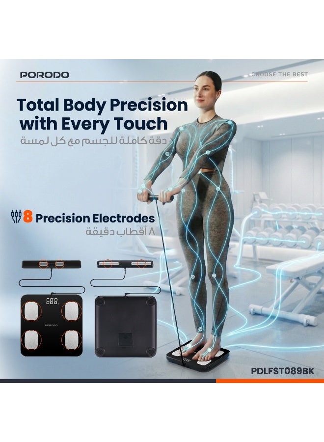 بورودو ميزان ذكي لتحليل نمط الحياة بدقة مزود بـ 8 أقطاب كهربائية دقيقة / أقصى وزن 180 كجم / درجة العافية / نسبة الدهون في الجسم / كثافة العظام / عضلات الجسم / مستوى الترطيب - أسود - Image 3